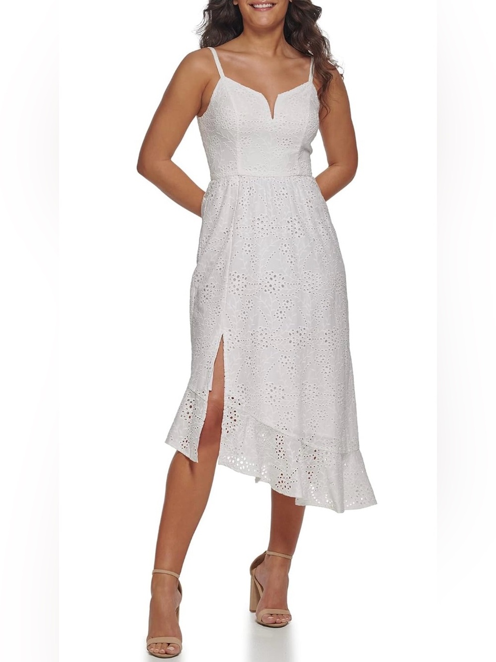 Guess Women's Asymmetrical Cotton Eyelet Midi Dress in white Size 4 NWT